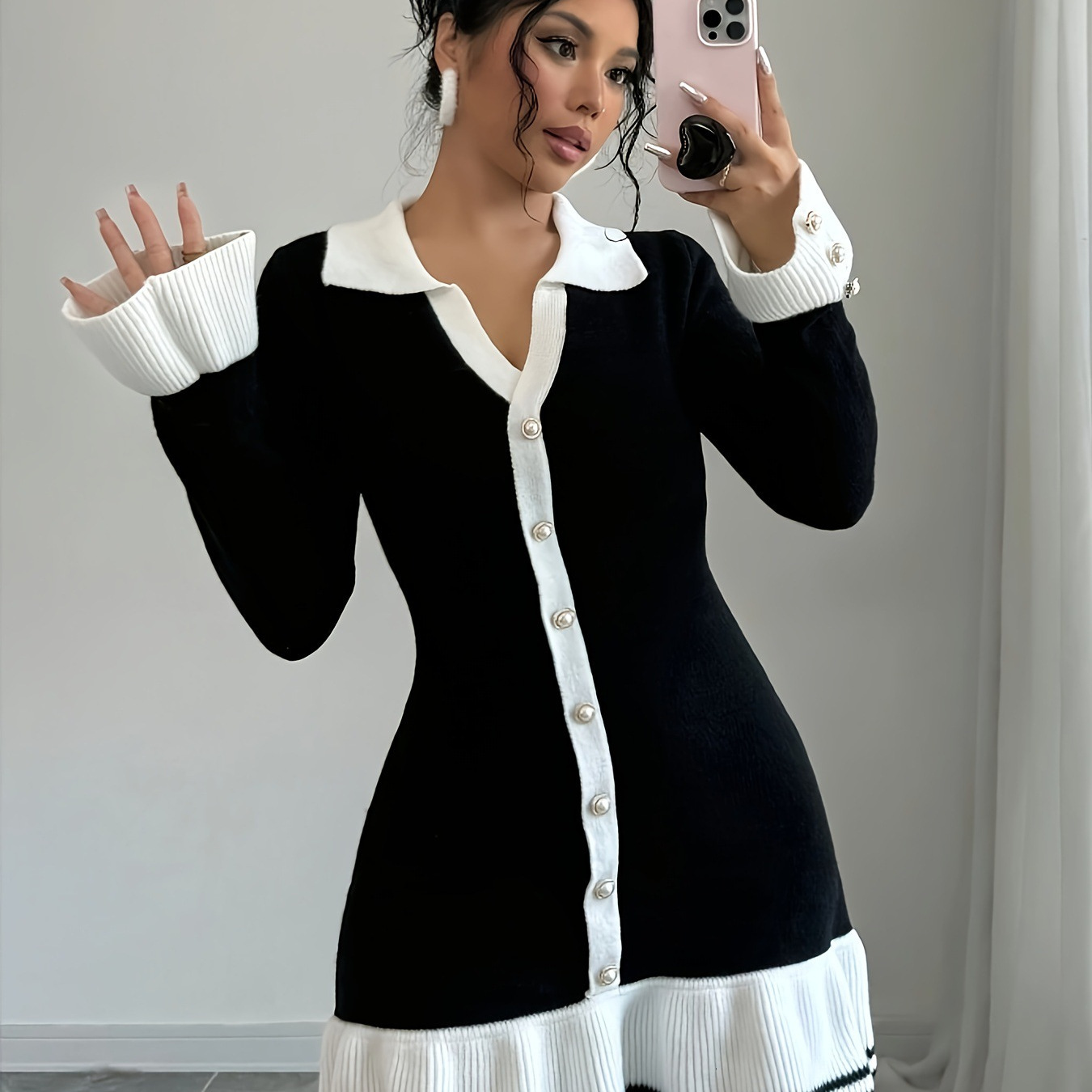 Knitted long sleeved new ruffle edge slim fit V-neck autumn and winter dress with a small fragrance