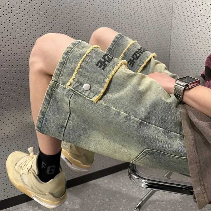 Mens Denim Shorts Half Graphic Long Mens Short Jeans Pants with Text Bermuda Cut Vintage Buttons Streetwear New in Cowboy Xxxl T250603