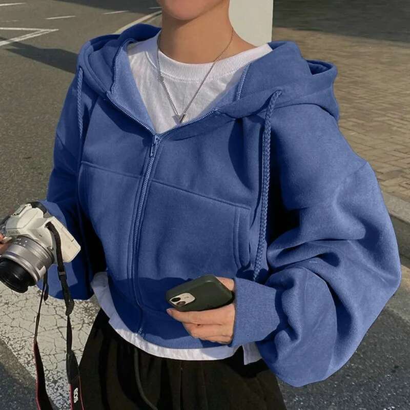 2024 Spring Autumn New Insfleece-Ed Versatile Cropped Slims Smooths Silhouette Zip-Up Warm Navy Blue Hooded Sweatshirt Women