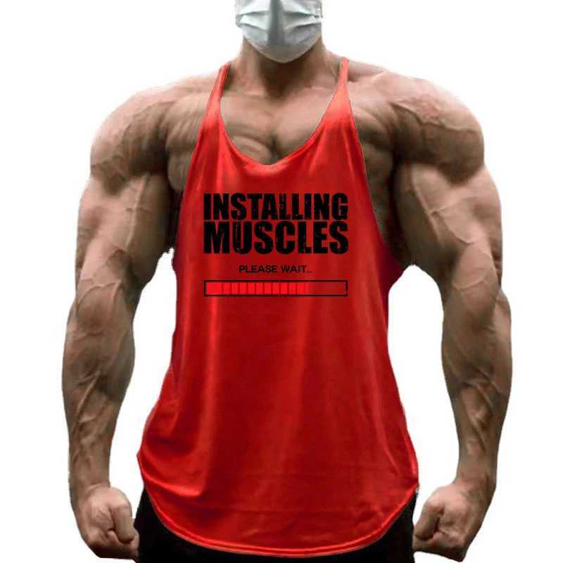Install muscles please wait for printing gym fitness Y back vest mens casual fitness sleeveless cotton breathable T-shirt X250324