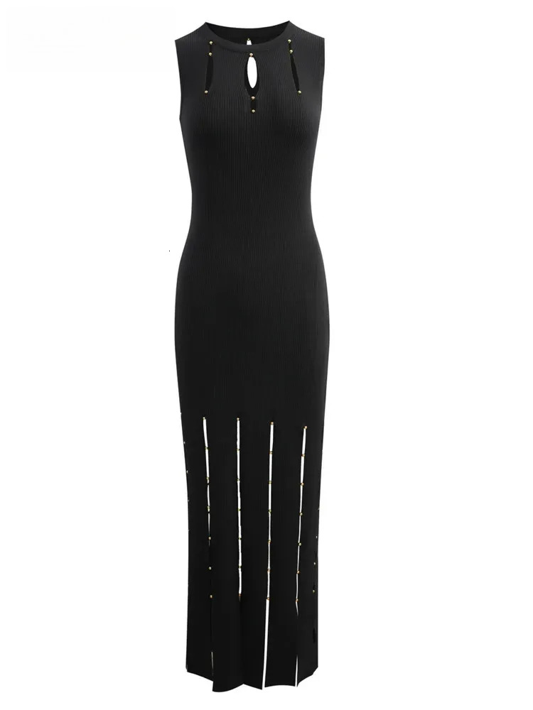 French Hollowed Out Split Stripe Spring/Summer New Women's Tassel Edge Gold Bead Waistband Sleeveless Slimming Dress