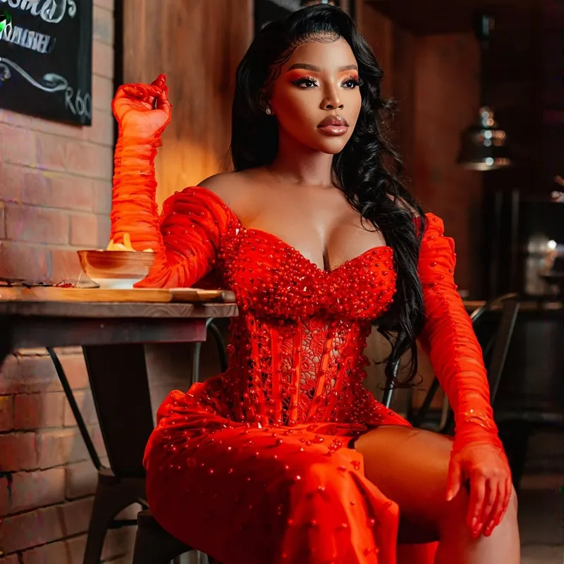 Arabic African Pearls Beaded Sheath Long Prom Dresses Side High Slit Off Shoulder Sexy Evening Gown Long Sleeves Pageant Party Dress With Peplum