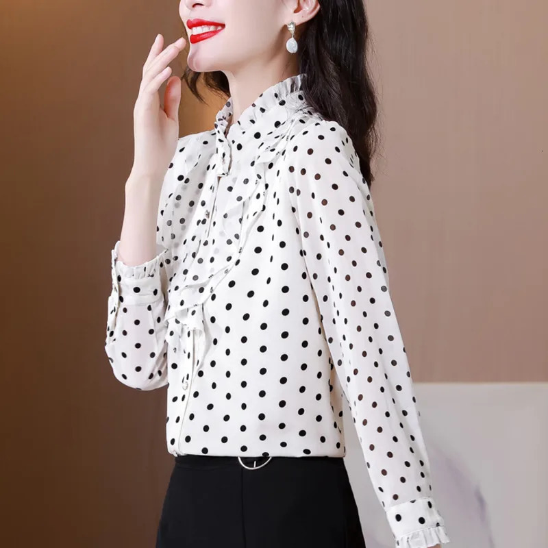 #2525 Polka Dot Printed Chiffon Shirt Women Ruffles Collar Office Shirt Long Sleeve Slim Spliced Ruffles Ladies Tops And Blouses 250318