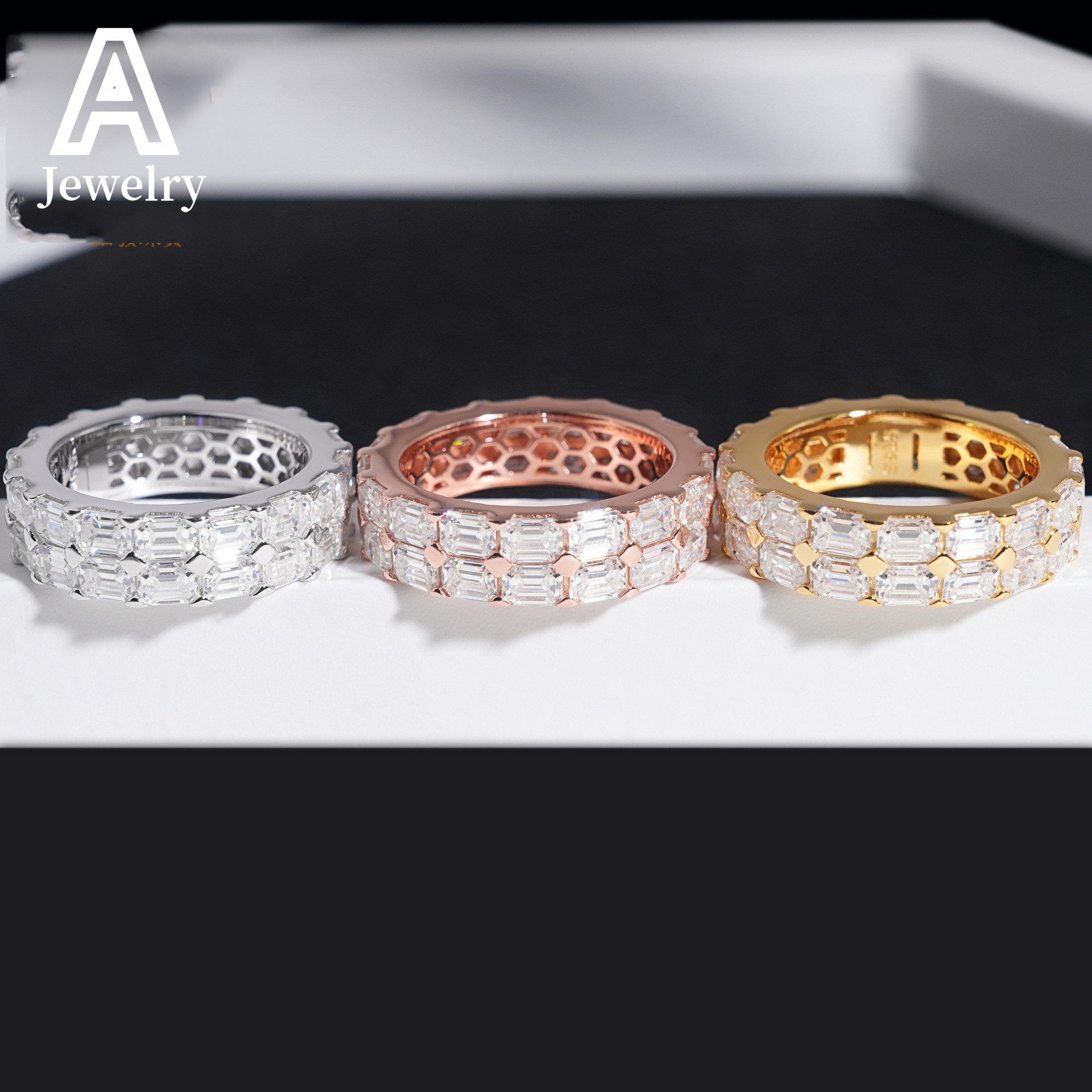 European and American fashion Jewelry Ring Double row 925 sterling silver Moissamite jewelry engagement diamond Hip Hop trend ri