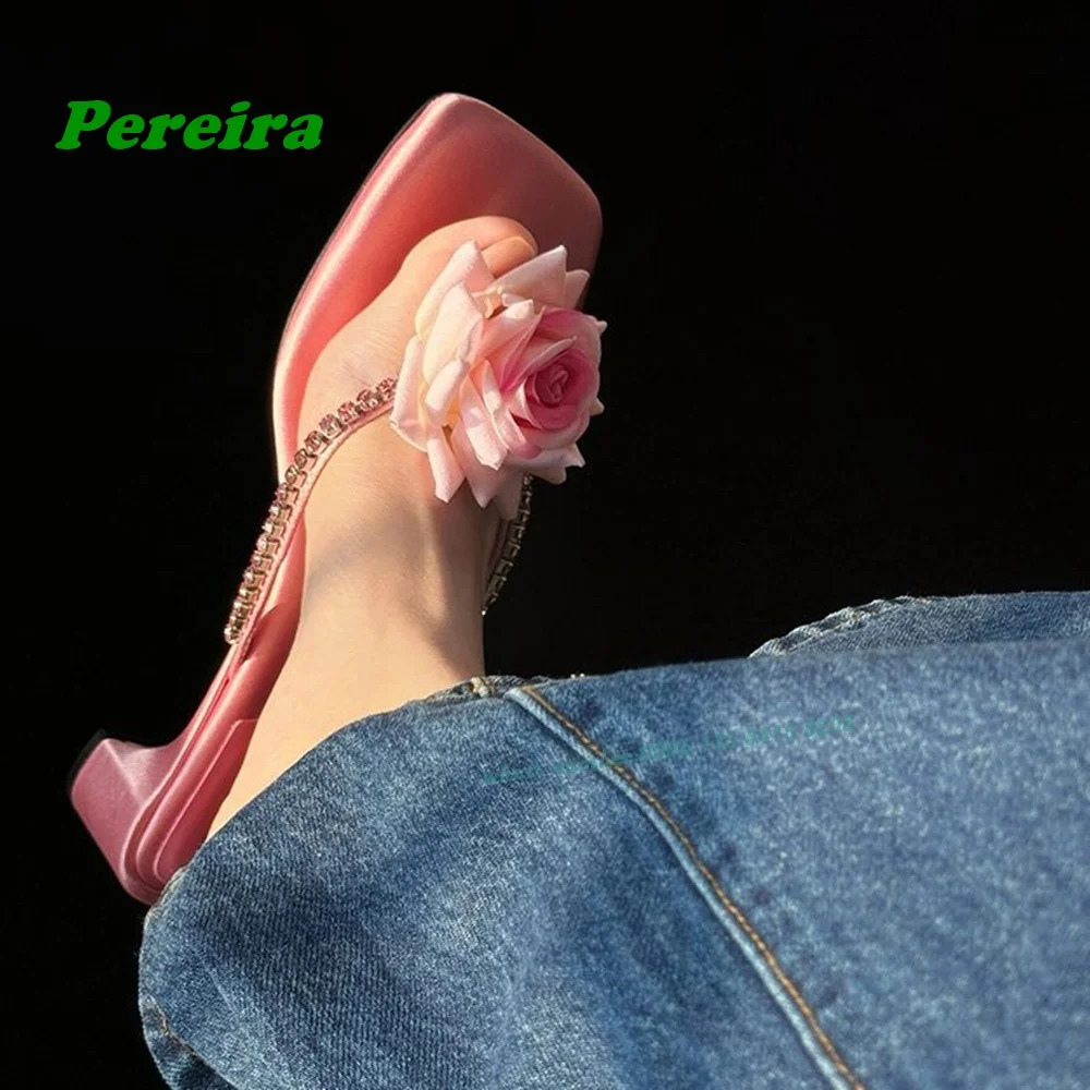 Flower Pink Satin Slippers Square Toe Crystal Chunky Heels Womens Slippers Summer est Flip Flops Cute Shoes 250322