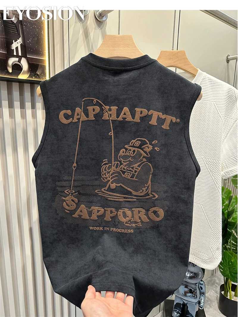 Mens sleeveless tank T-shirt for street fitness sports and leisure summer letter cartoon print top cotton round neck tee 4XL X250324