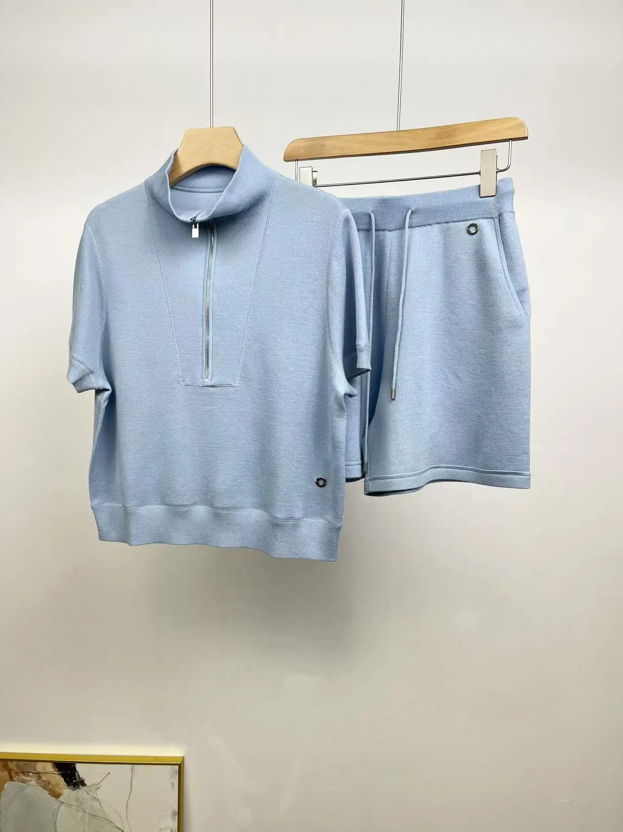 Summer Wool Knitted Sportswear Womens Stand Collar High Quality Casual TopShorts Two Piece Set 250322