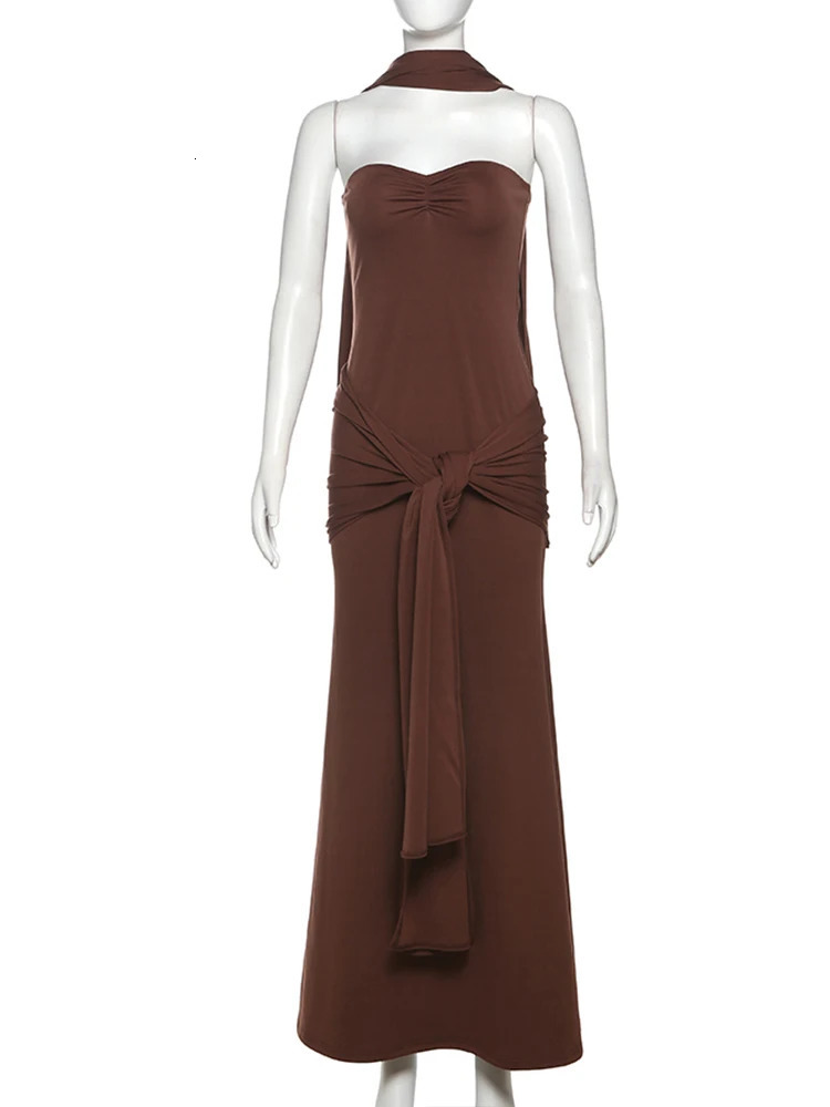 Weird Puss Elegant Strapless Dress Women Solid ScarfBackless Cross Knot Tassel Trend Prom Party CLassic Outfits 250320