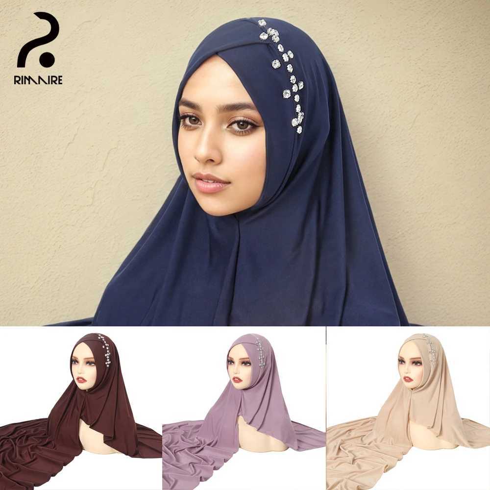 Navy blue instant headscarf used for Wen Solid soft Muslim headscarf with diamond Islamic womens band shawl wrapped around RIMAIRE X250324
