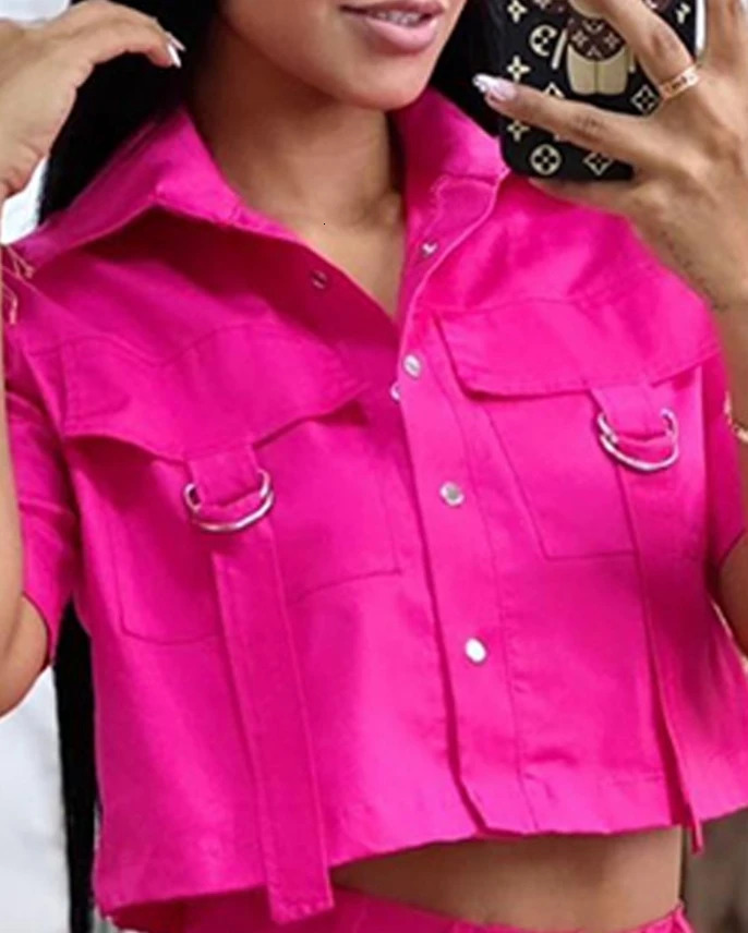 Two piece womens dress set for summer featuring lapel details buttons crop tops and casual pockets. Daily shorts set 250322