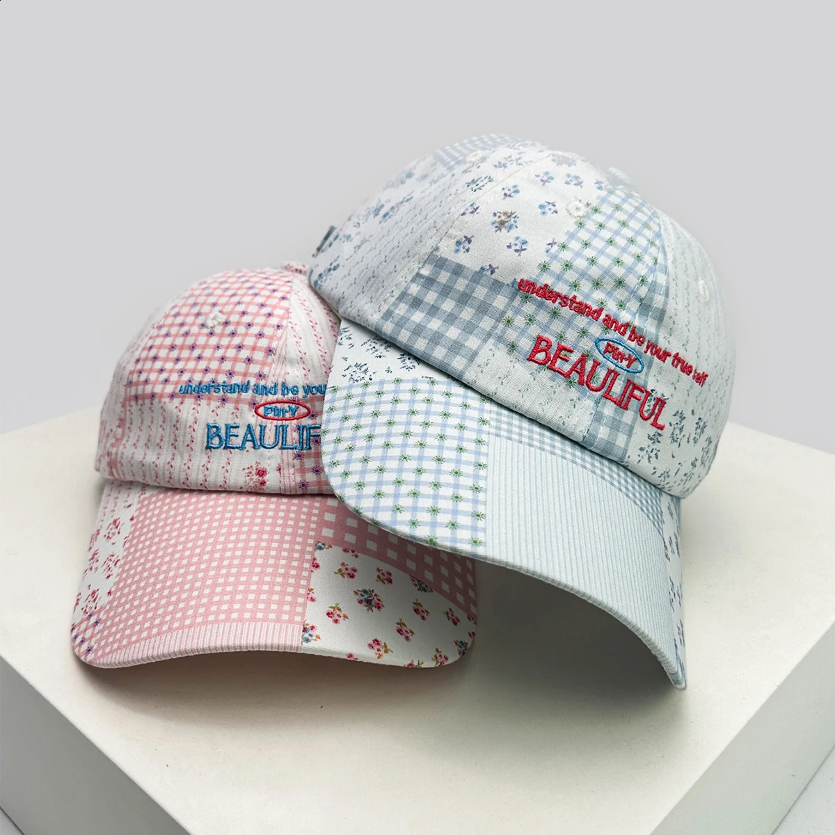 Plaid Letter Embroidery Floral Baseball Hats Breathable Unisex Sweet Sunshade Korean Versatile Peaked Caps Fashion Outdoor 250321
