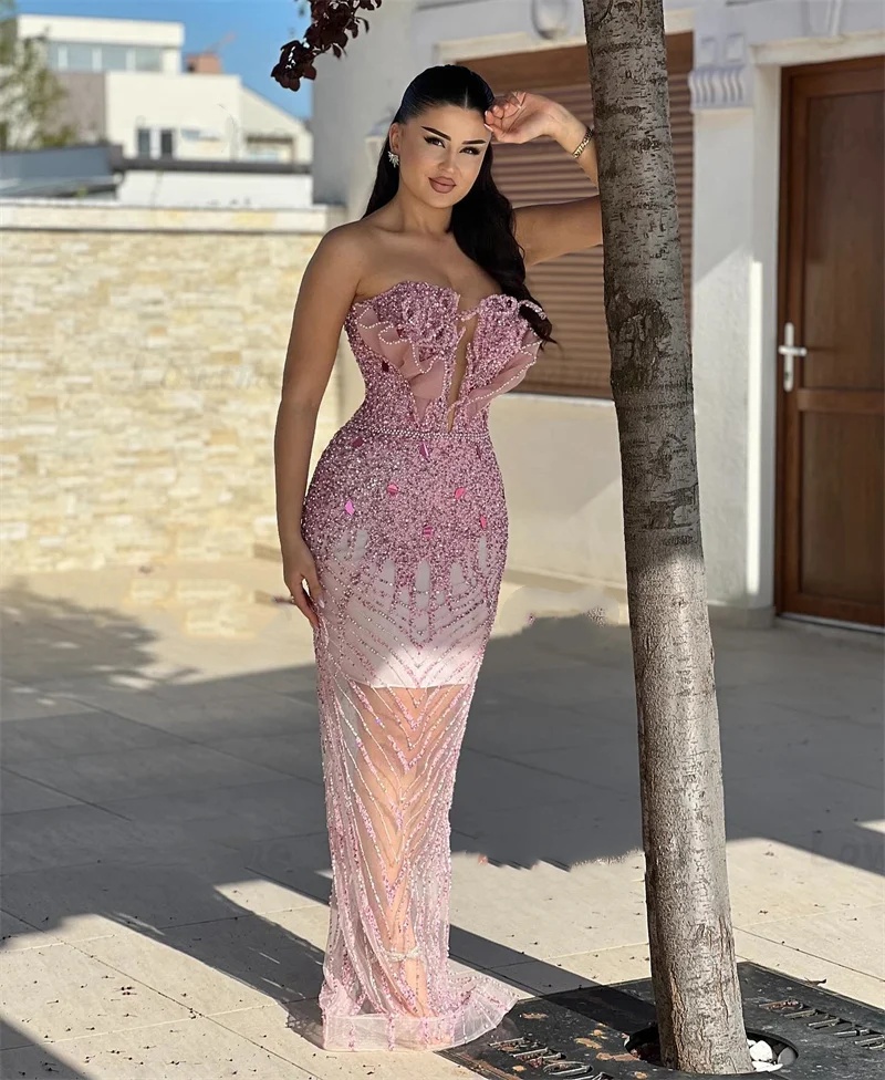 Evening Dresses Strapless Sleeveless Gown Sequins See Through Backless Sweep Train Party Customized Dress