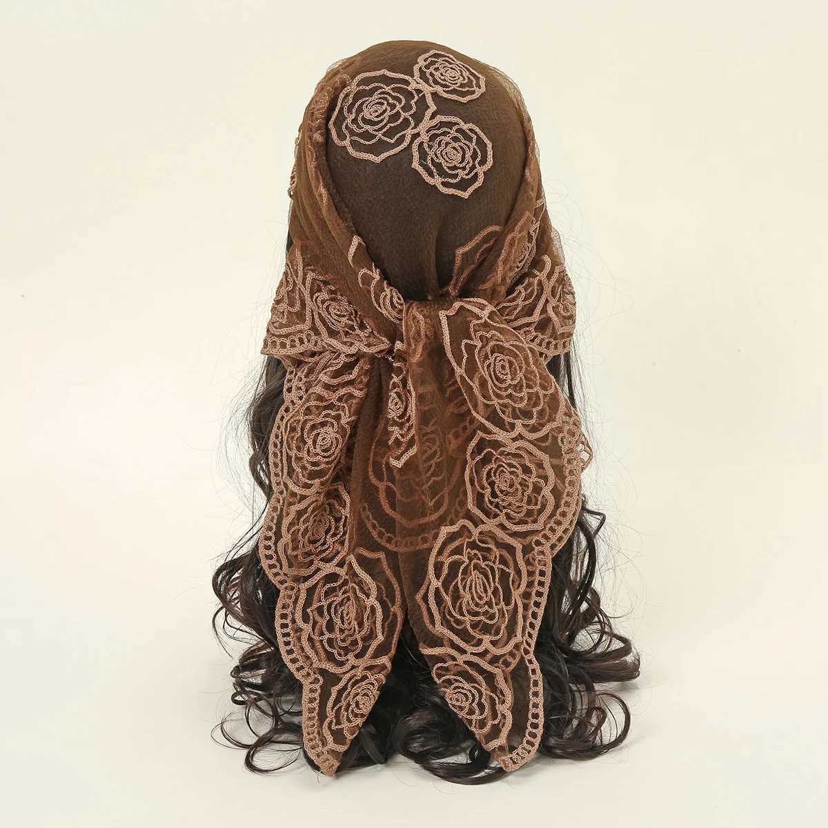80 * 80cm lace square headscarf style rock embroidery flower belt mesh breathable headscarf through scalp Muslim veil X250324