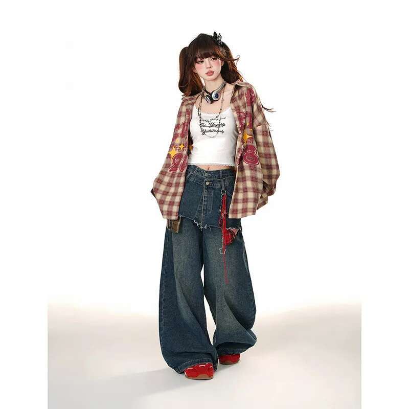 Street Popular Loose Women Patchwork Y2k New Haruku Vintage Oversized Wide-Leg Pants Couple High Waist Jeans 2025