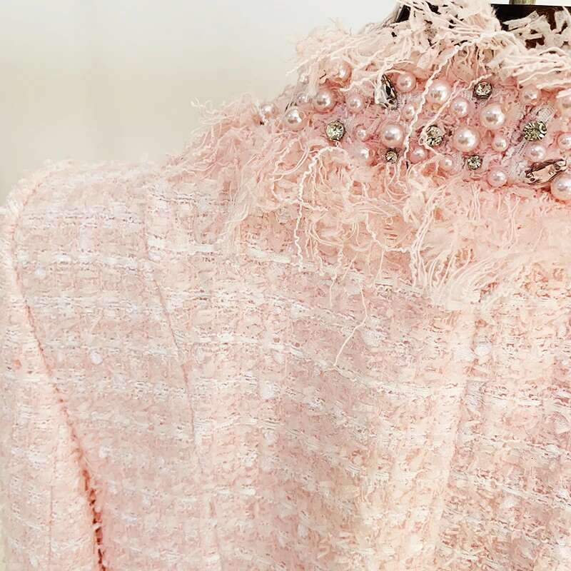 Newest Fall Winter Designer Fashion Women's Dias Buttons Pearl Beaded Tassel Fringed Tweed Jacket