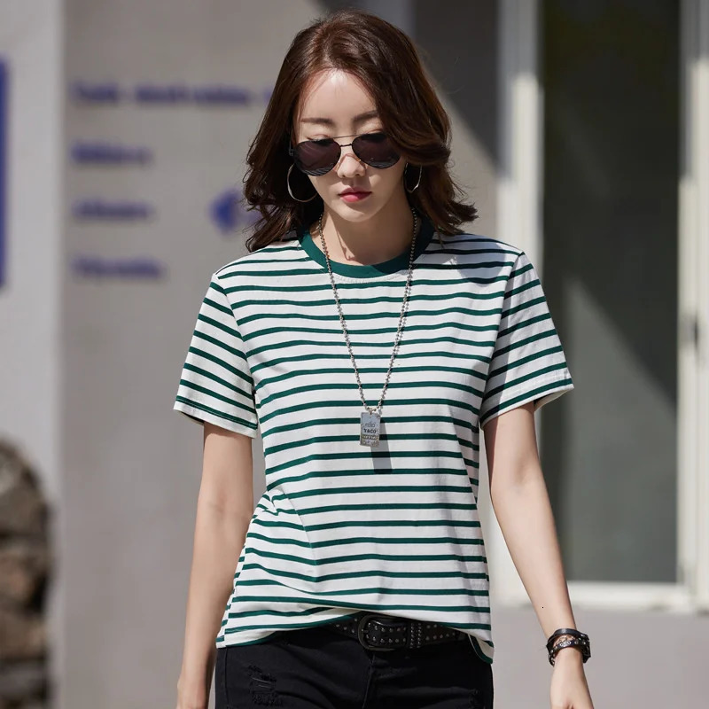 Wxw0212 striped Tshirt womens short sleeved cotton Oneck office ultrathin Korean style summer 2023 250324
