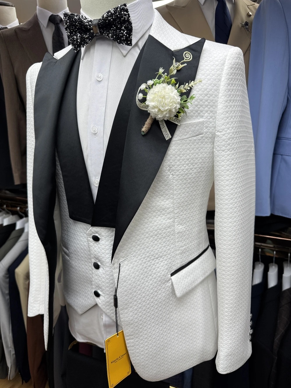 Vintage Men Suits Tailor-Made Suit Tuxedos for Wedding 3 Pieces Set Peaked Lapel Air Cotton Groom Blazer Coat+Vest+Black Pants Prom Party Formal Occas