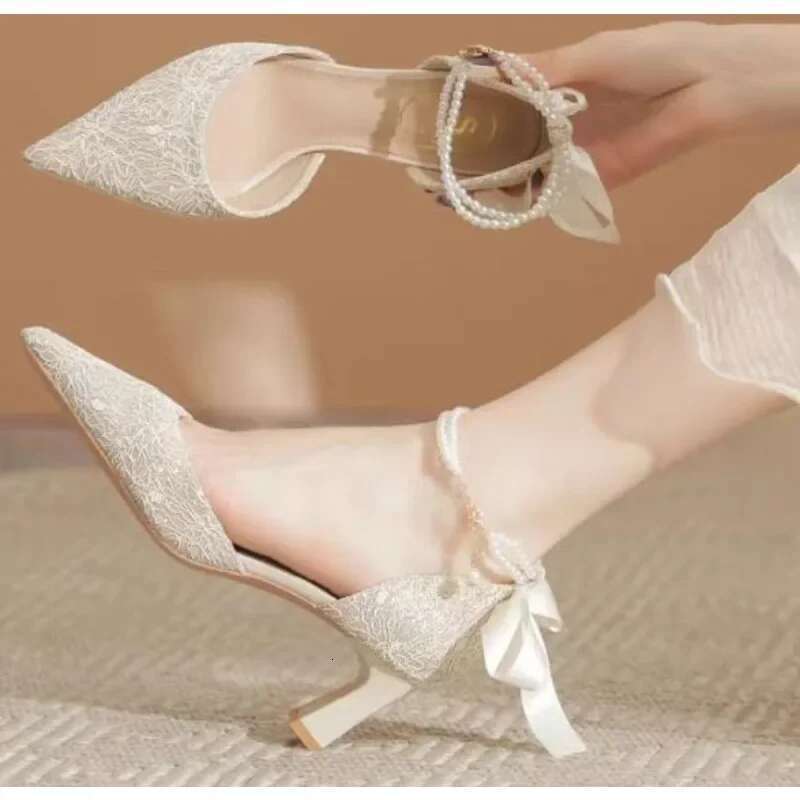 New Summer Women Pearl Heels Chunky Princess Bow High Heel Sandals Party Wedding Shoes Plus Size atos Mujer
