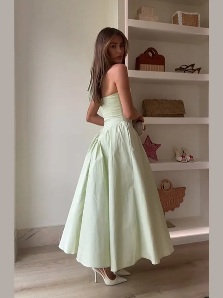 Summer Women Solid Halter Long Dress Sexy Deep V Neck Slim Fit High Waist Pleated Maxi Dress 2025 Lady Beach Party Vestidos 250322