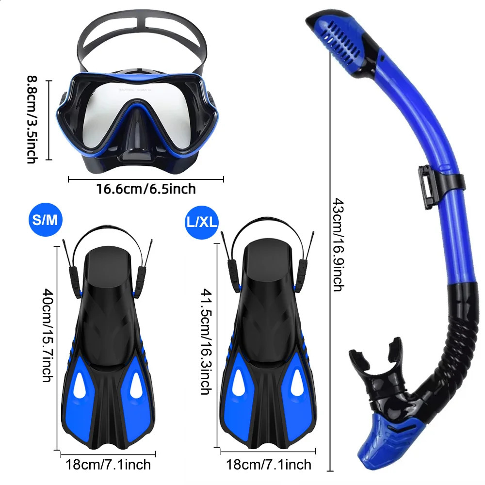 Mask Fin Snorkel Set Snorkel Gear for Adult Panoramic View Snorkel Mask Adjustable Dive Flipper Dry Top Snorkel and Travel Bag 250321