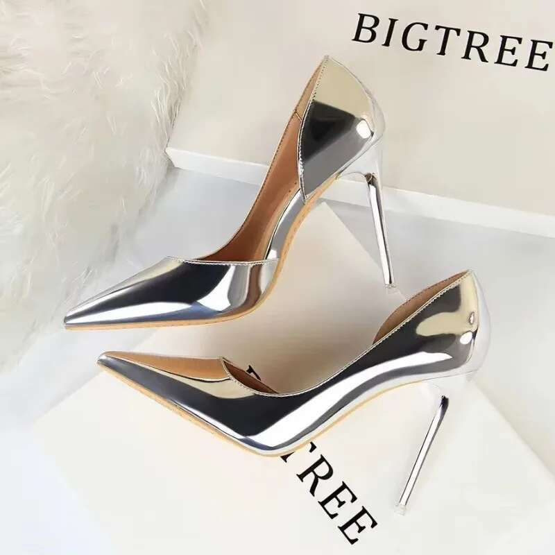 European and American Fashion Women Sier High Heels Shallow Mouth Pointed Side Empty Sexy Nightclub Slim Single Shoes