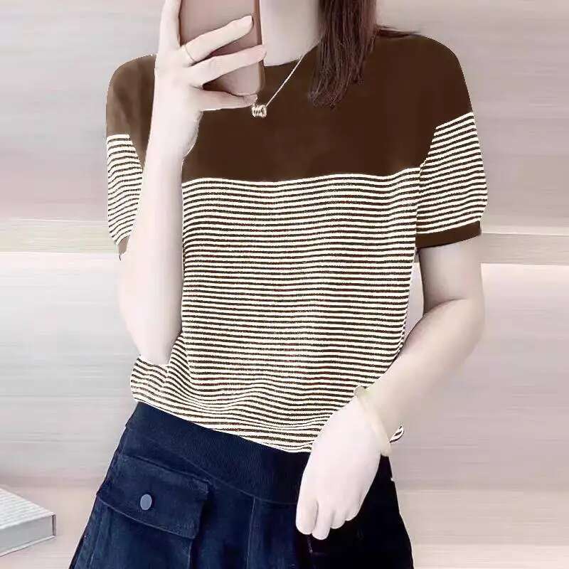 Women Summer T Shirt Vintage Striped Short Sleeve Tee Korean Fashion Round Neck Patchwork Tunics Casual Knitted Tops