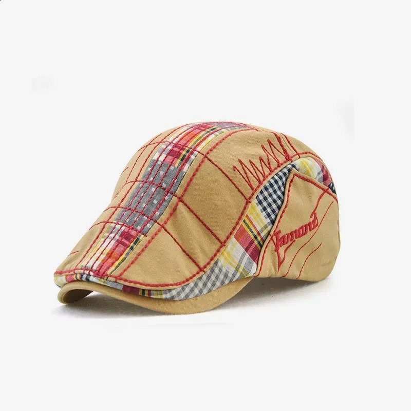 Europ American Leisure Forward Hat Men Irregular Embroidered Beret Plaid Spliced Baseball Cap Male Spring Autumn Sunshade Women 250321