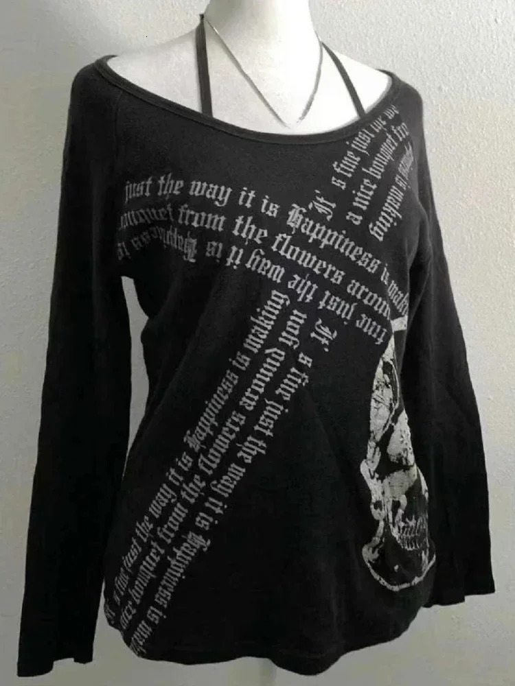 2000s American Vintage Gothic Black Women T-shirts Punk Style Graphic Grunge Tshirts Harajuku Y2k Long Sleeve Tops Streetwear 250324