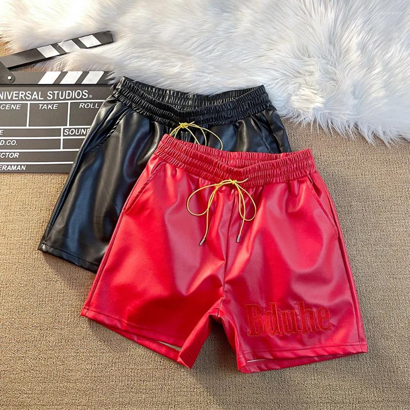 Men's Shorts Pu Leather Black Red Board Yellow Drawstring Beach Holiday Shortpant Men Women Embroidery Patch Letters Short Pants