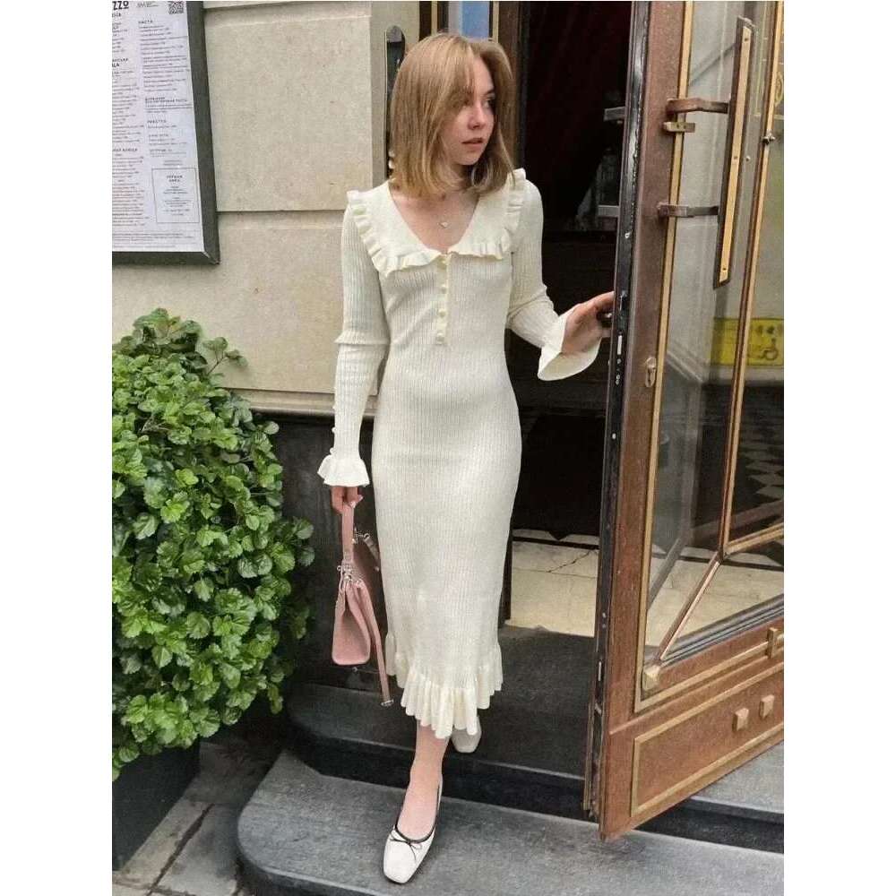 Tossy Ruffled Patchwork Knit Maxi For Women Elegant Ribbed Sleeve Party Gown Slim Knitwear Fashion Long Dress