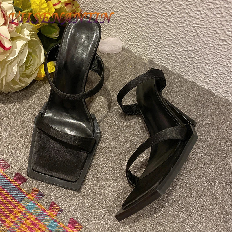 Summer Fashion Silk Satin Slippers Women Open Square Head Thin High Heel Sexy Party Shoes Females Sandals Stilettos Black 250322