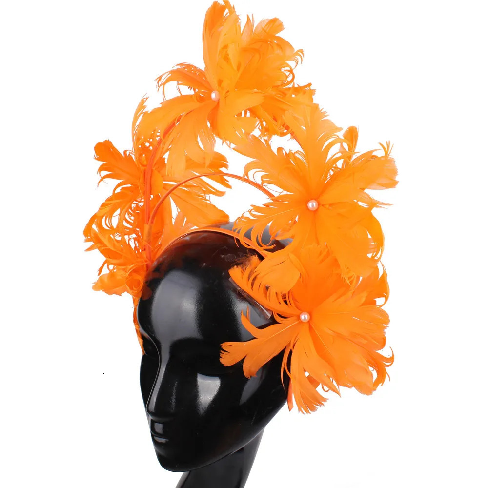 Feather Flower Headdress Vintage Horse s pearl hair with Exaggerate hat and green hair loop 250320