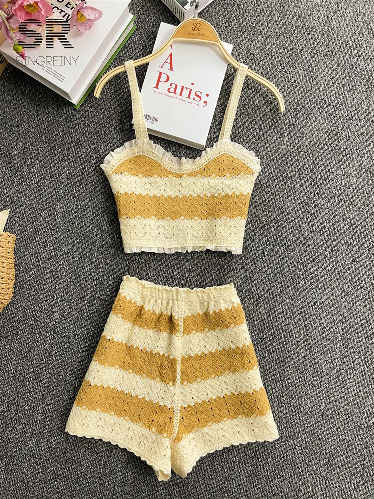 SINGREINY Backless Knit Beach Two Piece Set Women Elegant Strap Off Shoulder Camisole Elastic Waist Shorts Striped Summer Suit 250322