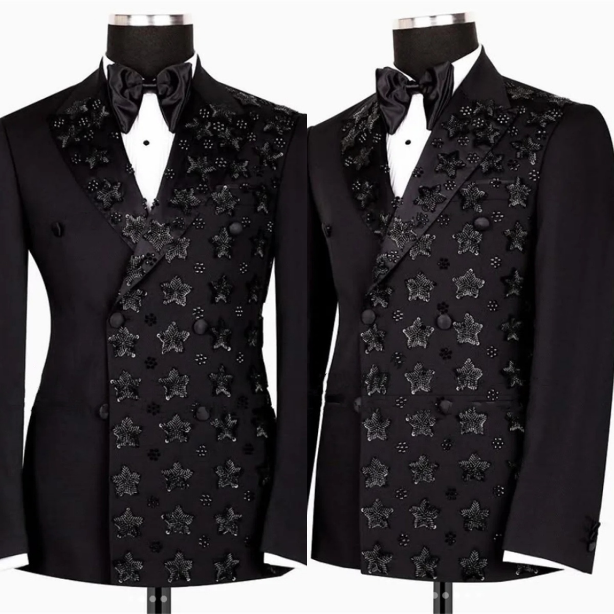 Men Suits Beading Unique Tailor-Made Peaked Lapel Suit Tuxedos for Wedding 2 Pieces Set Double Breasted Groom Blazer Coat+Pants Prom Party Formal Occa