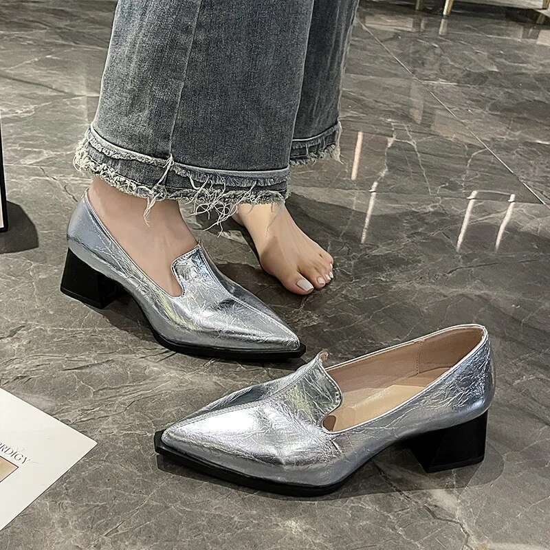 Women Mid-heeled Loafers Fashion Casual Office Shallow Solid Color Elegant Dress Pumps 2025 New Trendy Pointed Toe Leather Shoes