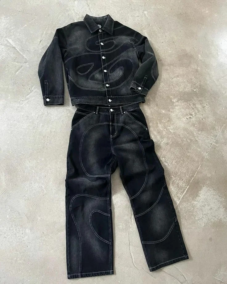 Vintage Patch Stripe Embroidered Jacket Jeans Two Piece Set Y2K Suit Men Harajuku Hiphop Embroidered Baggy Jeans Vintage Jacket 250319