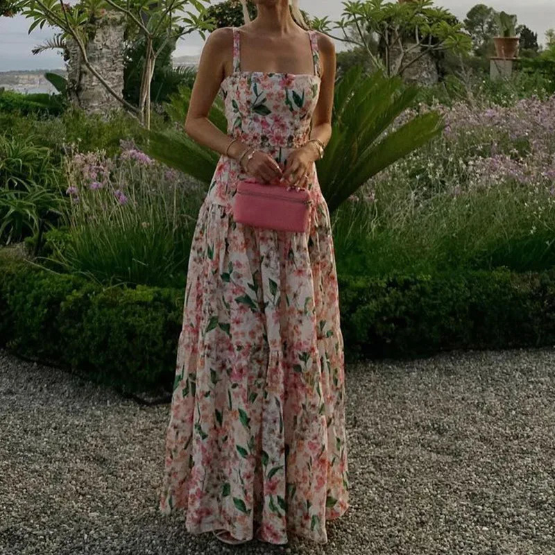 Flower print high waisted long dress summer hollow sleeveless garden party dress sexy shoulder hanging beach dress 250319