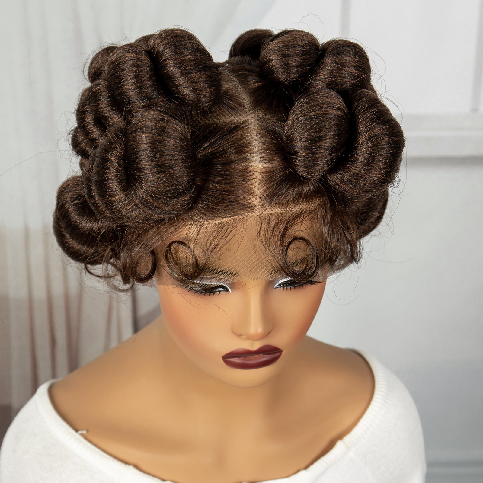 1B-30 Brown Color 6inch Transparent Full Lace Braided Wigs Short Cute Handmade Bantu Synthetic Braided Lace Wigs Knotless Braids Wig