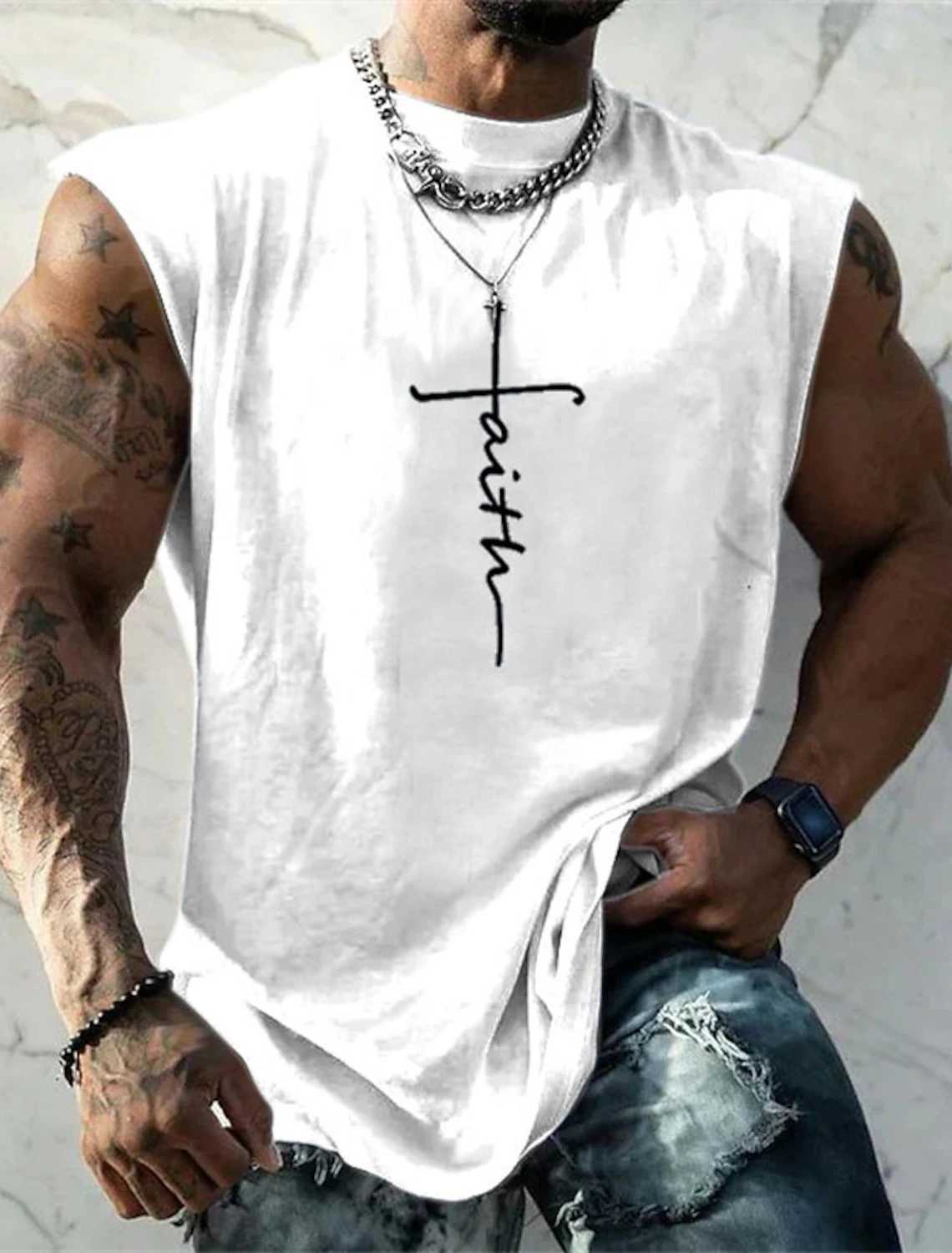 Mens vest T-shirt with simple sticker text pattern tribal Harajuku round neck clothing daily fitness and sports sleeveless ethnic style X250324