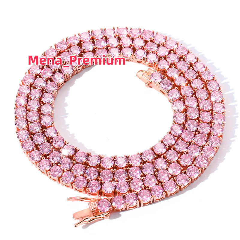 Moissanite necklace 4mm Custom Color pink Cute Young Style Durable Cuban Chain Chocker Necklace rainbow Colorful Zircon Pave Tennis Chain