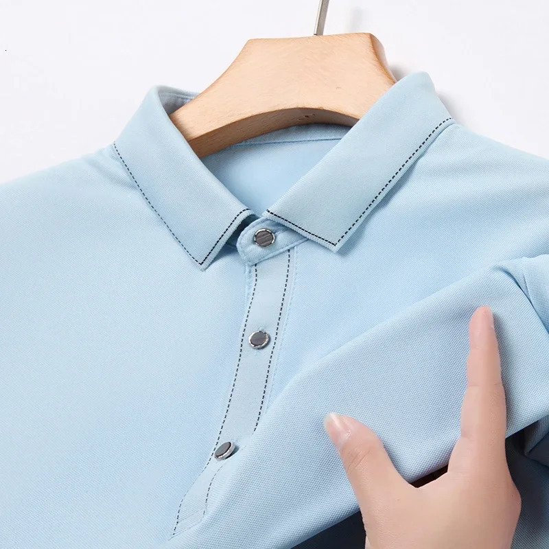 2024 Mens Solid Color Cotton Business Casual Short sleeved POLO Shirt Fashion Comfortable and Breathable Top 250312