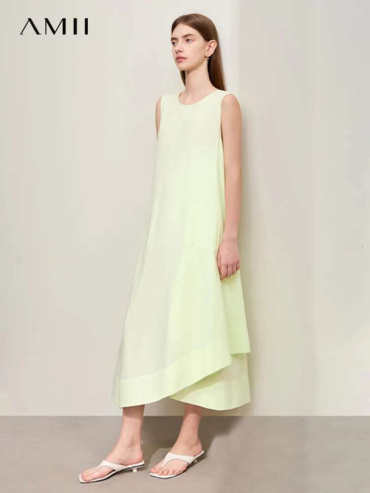 Amii Minimalism Women Long Dress 2024 Summer New O-Neck Sleeveless Irregular Swing Female Loose A-e Elegant Dresses 12452024