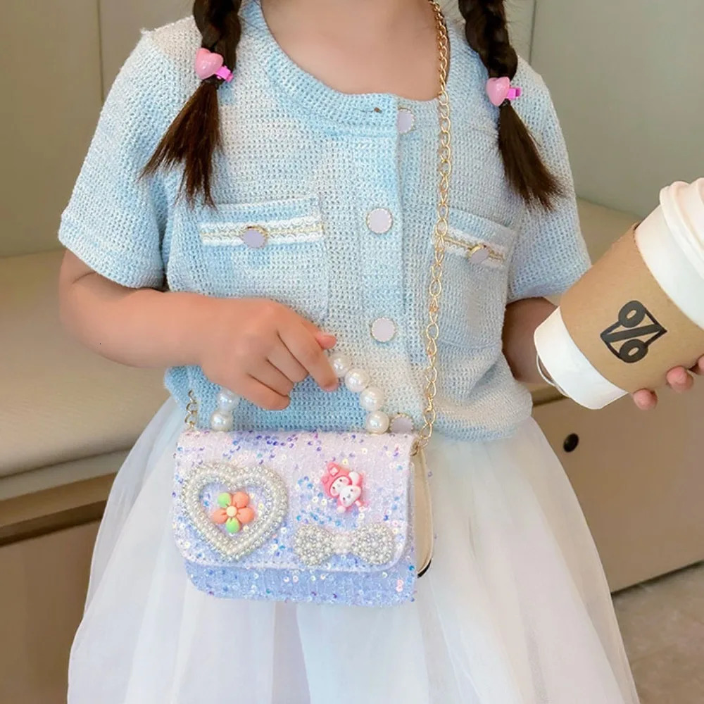 Korean style pearl childrens handbag lace bow princess shoulder messenger bag glitter coin purse pocket 250322