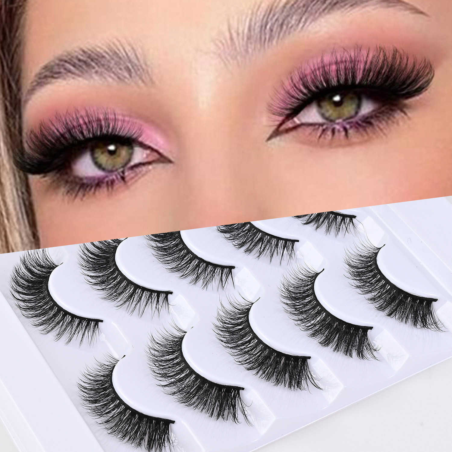 5 pairs of natural multi-layered hard stem false eyelashes with three-dimensional curling 5 pairs of black stem W250324