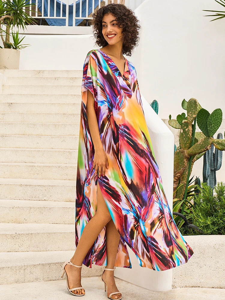 Cover Ups Moo Moos Kaftan Womens Robe Flat Bottom Cafe Swimsuit Pareos Beachwear Bathing Suit Maxi Dress 250324