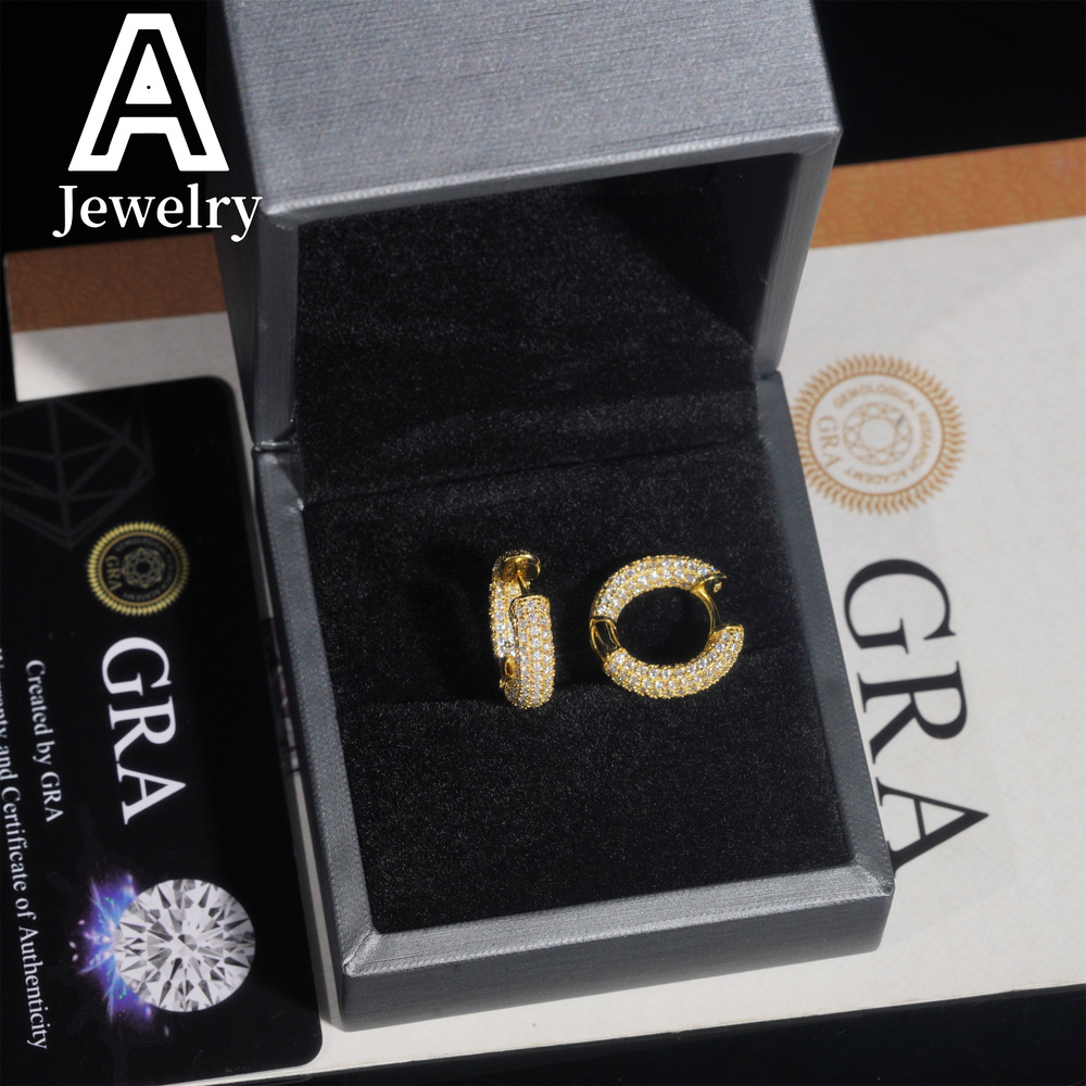 Fine jewelry Moissanite Diamond Earrings 925 Silver Jewelry Trendy Hip Hop Hoop Ear rings 3 Rows Diamonds For Men Women