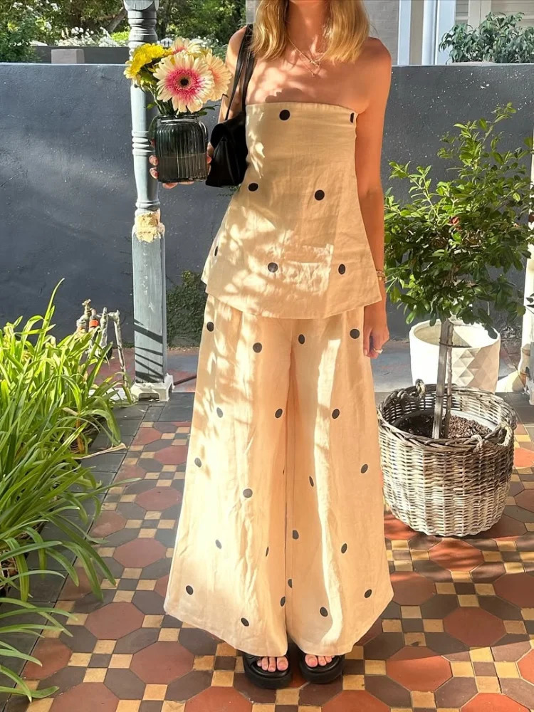 Women Fashion Polka Dot Wide Leg Pant 2 Piece Set Sexy Off Shoulder Sleeveless Vest Tops Suit 2025 Vocation Streetwear 250324