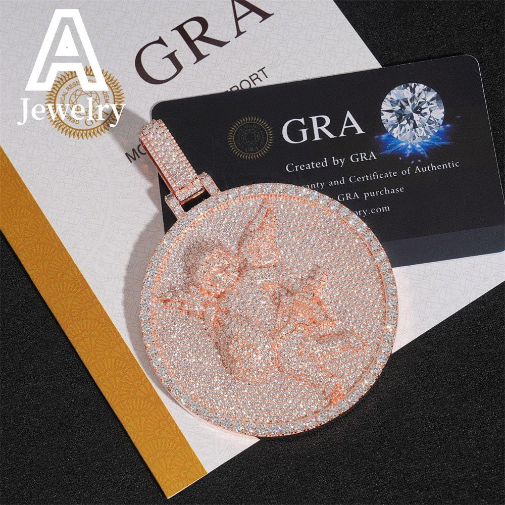 Iced Out Jewelry 3D Design Angel Moissanite Solid Circle Pendant 2.5 inches 925 Hip Hop Rapper Moissanite Pendant