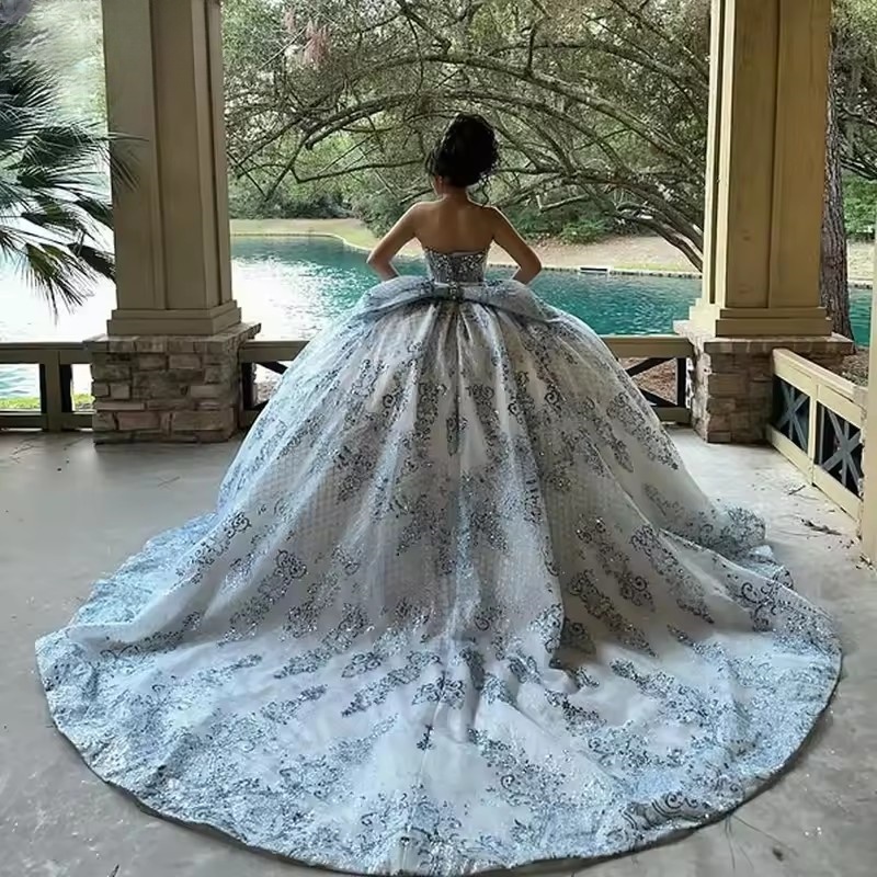 Princess Mexican Shiny Quinceanera Dress Ball Gown Applique Beaded Bow Sweet 16 Vestidos De 15 Anos Customized