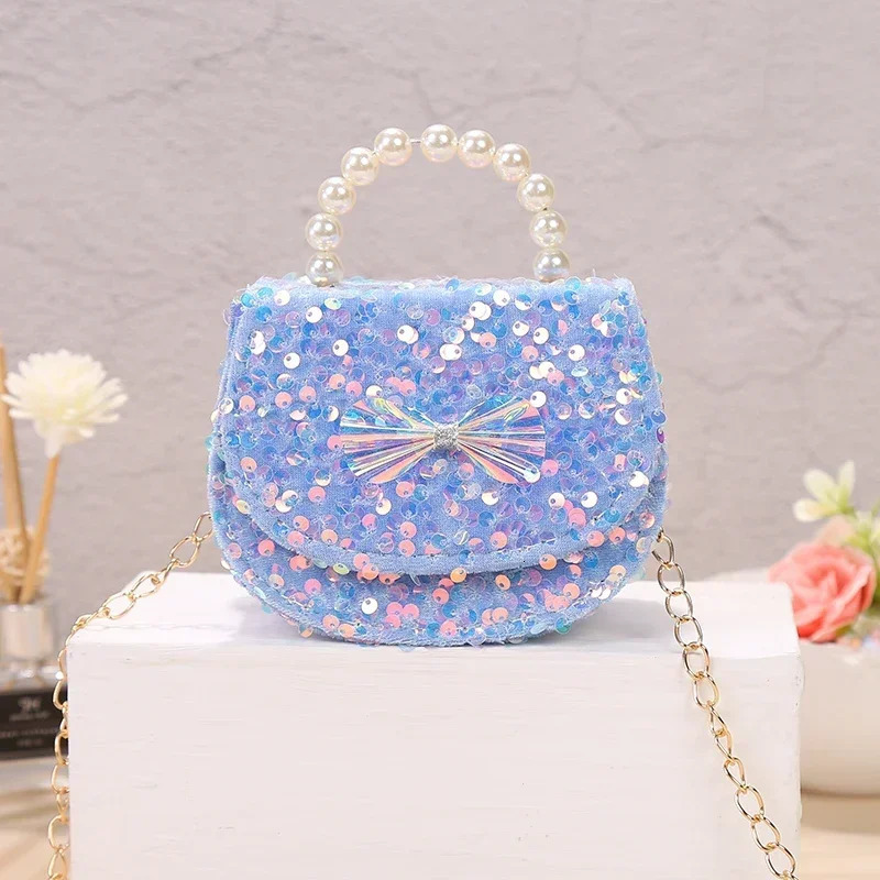 Pink Sequin Pearl Small Shoulder Bag for Girls ren Mini Crossbody Bag Cut Kinds Coin Purses Little Girl Handbag 250322